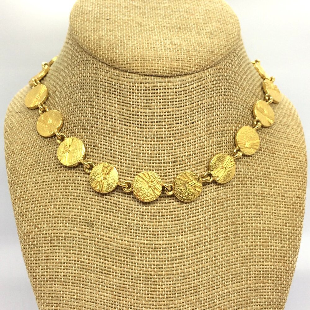 VINTAGE GOLD TONE Coin Necklace Reversible Starburst Disc Choker Collar 16"
